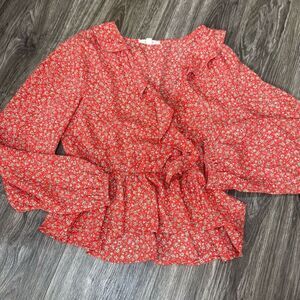 Cedar & Gold Red Floral Long Sleeve Blouse